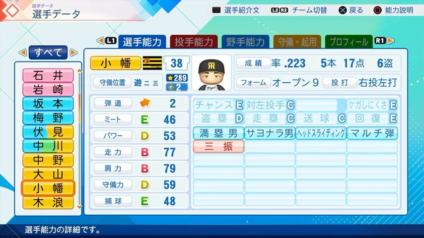 小幡竜平のパワプロ能力データ（2026年開幕版）・阪神タイガース
