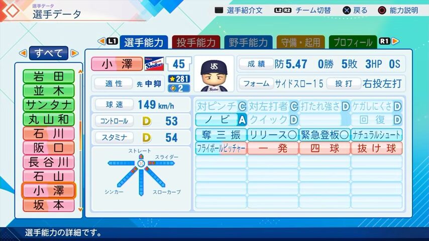 小澤のパワプロ能力データ（2026年開幕版）・ヤクルトスワローズ