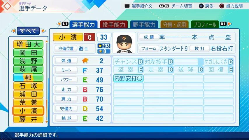 小濱のパワプロ能力データ（2026年開幕版）・巨人