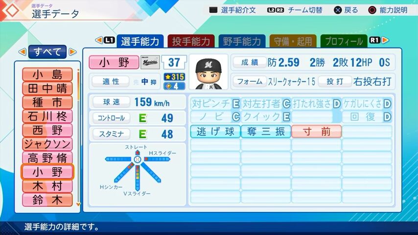 小野のパワプロ能力データ（2026年開幕版）・千葉ロッテマリーンズ