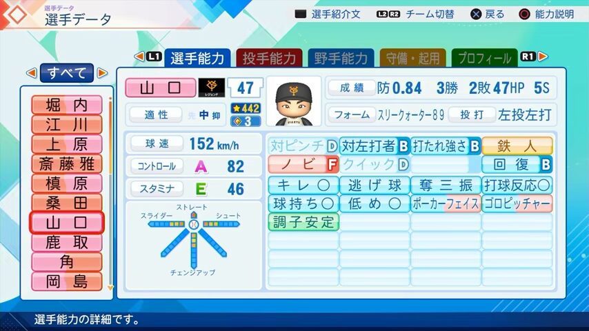 山口のパワプロ能力データ2026年版巨人レジェンドOB
