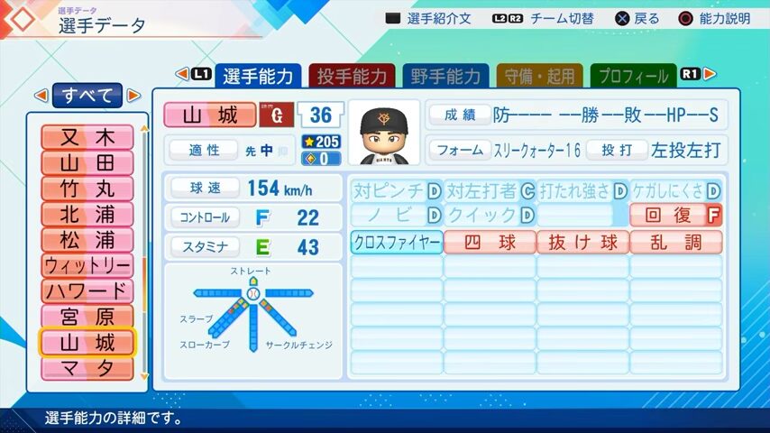 山城のパワプロ能力データ（2026年開幕版）・巨人