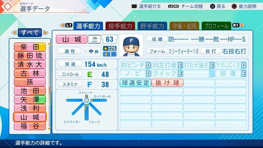 山城のパワプロ能力データ（2026年開幕版）・日本ハムファイターズ