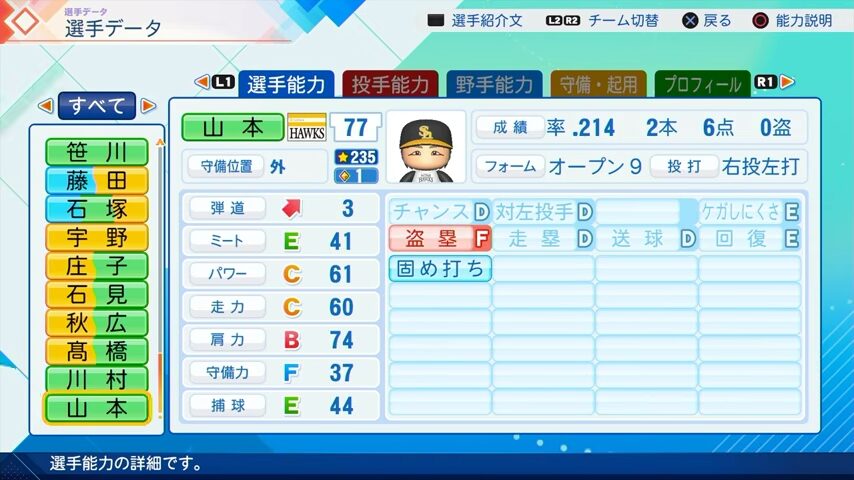 山本のパワプロ能力データ（2026年開幕版）・ソフトバンクホークス