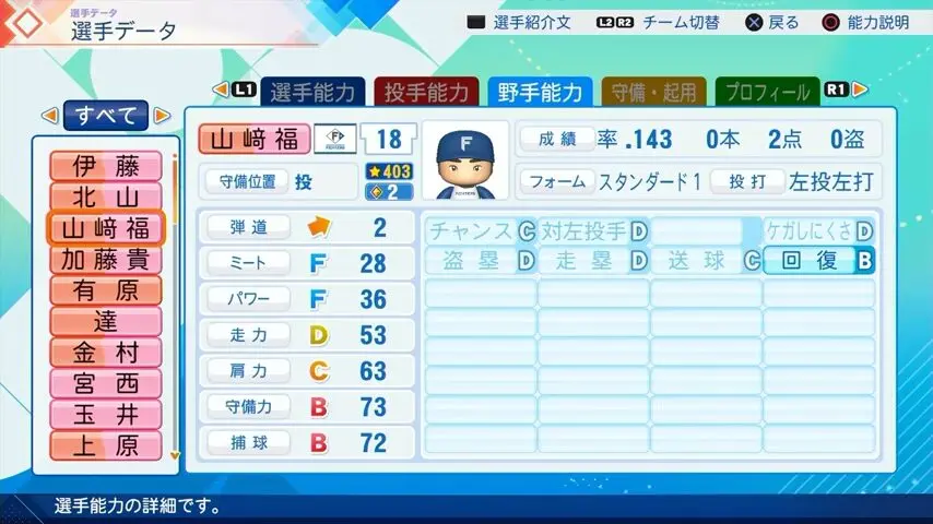 山﨑福（野手）のパワプロ能力データ（2026年開幕版）・日本ハムファイターズ