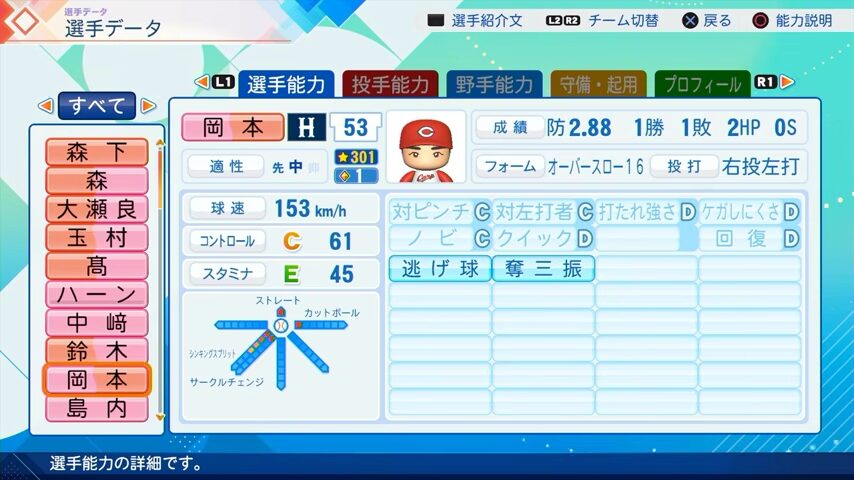 岡本のパワプロ能力データ（2026年開幕版）・広島カープ