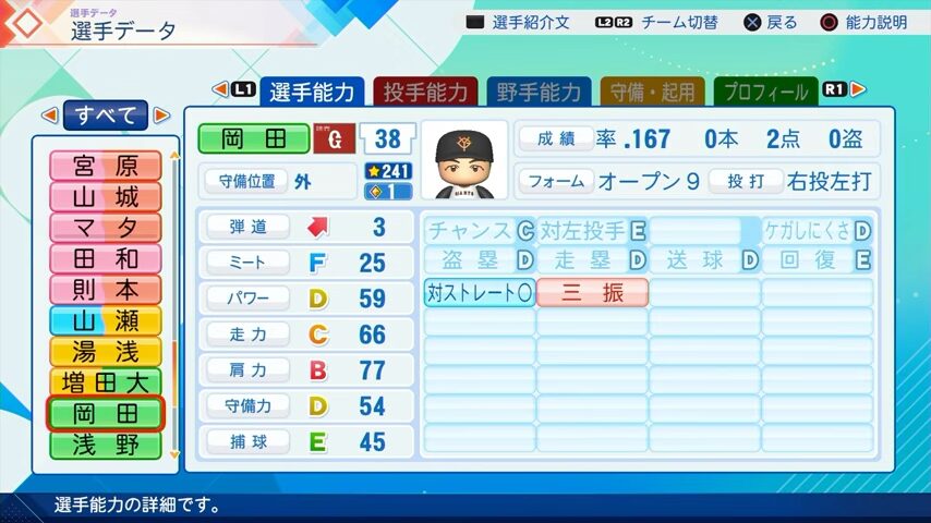 岡田のパワプロ能力データ（2026年開幕版）・巨人