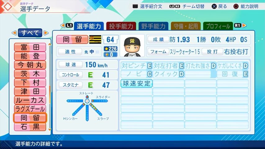 岡留のパワプロ能力データ（2026年開幕版）・阪神タイガース