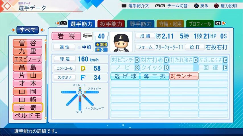 岩嵜のパワプロ能力データ（2026年開幕版）・オリックスバファローズ