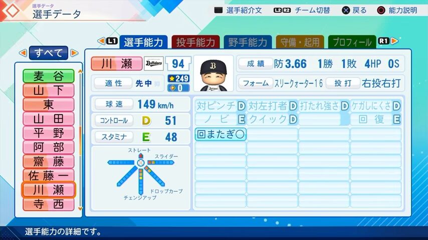 川瀬のパワプロ能力データ（2026年開幕版）・オリックスバファローズ