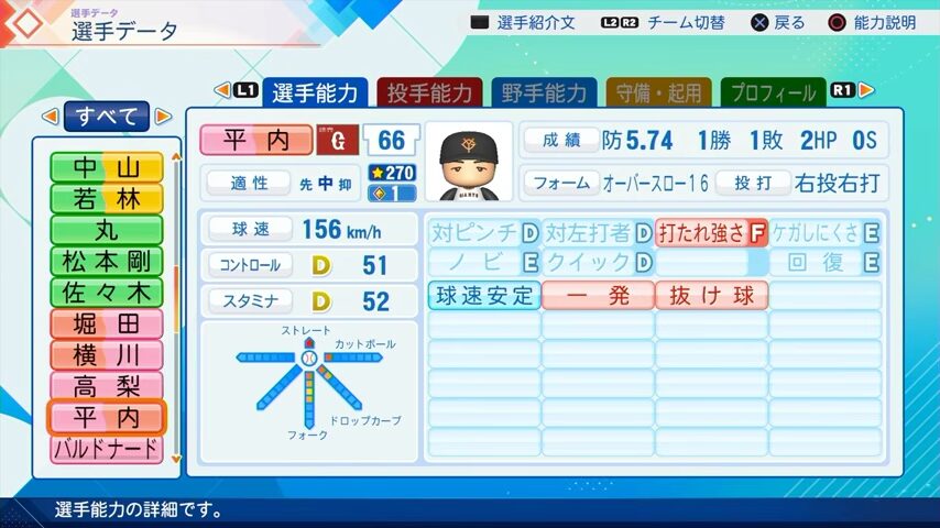 平内のパワプロ能力データ（2026年開幕版）・巨人