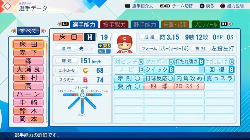床田寛樹のパワプロ能力データ（2026年開幕版）・広島カープ