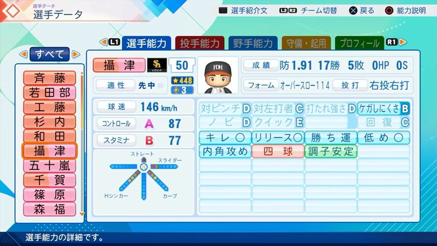 攝津のパワプロ能力データ2026年版ホークスレジェンドOB