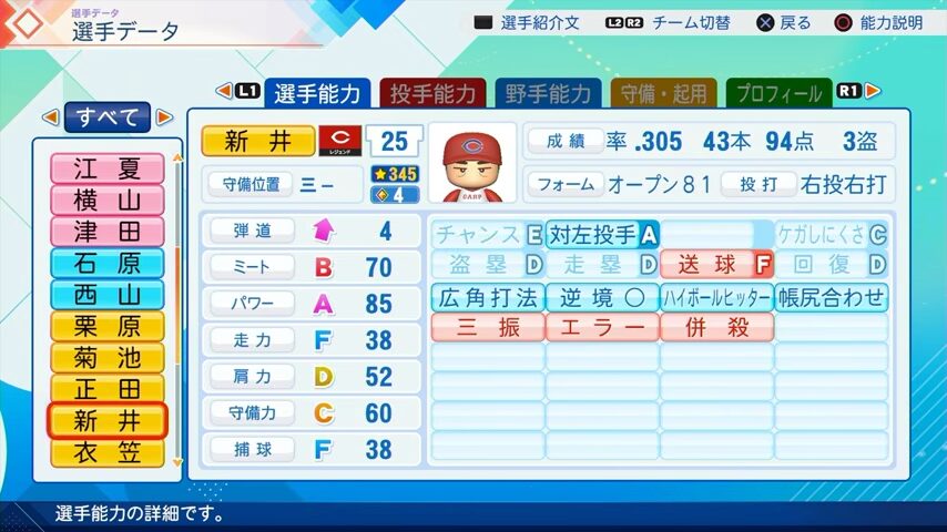 新井貴浩のパワプロ能力データ2026年版広島カープレジェンドOB