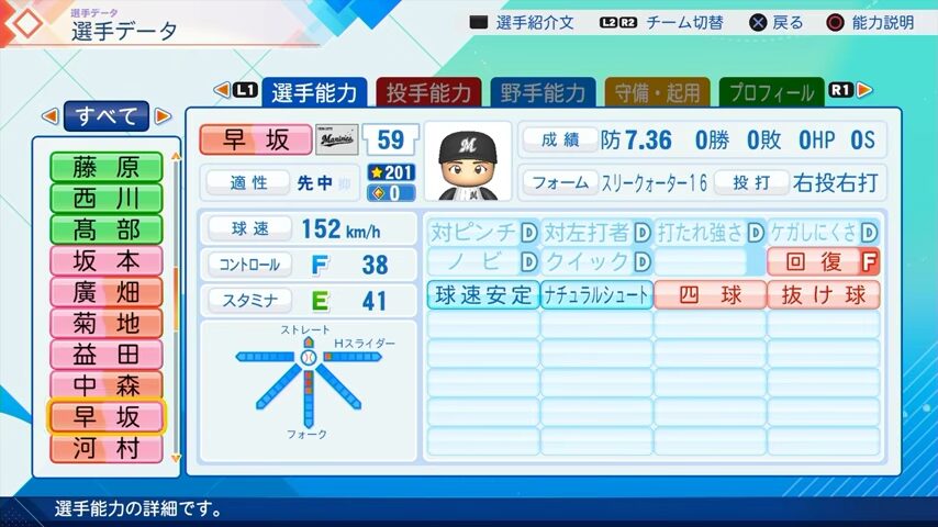 早坂のパワプロ能力データ（2026年開幕版）・千葉ロッテマリーンズ