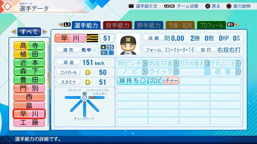 早川のパワプロ能力データ（2026年開幕版）・阪神タイガース