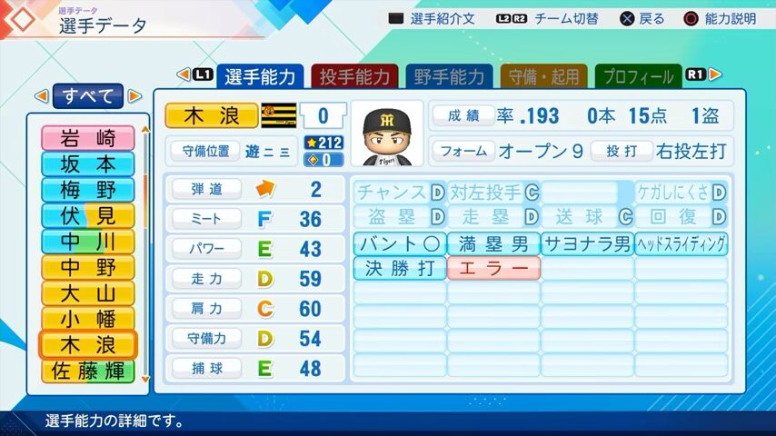 木浪のパワプロ能力データ（2026年開幕版）・阪神タイガース
