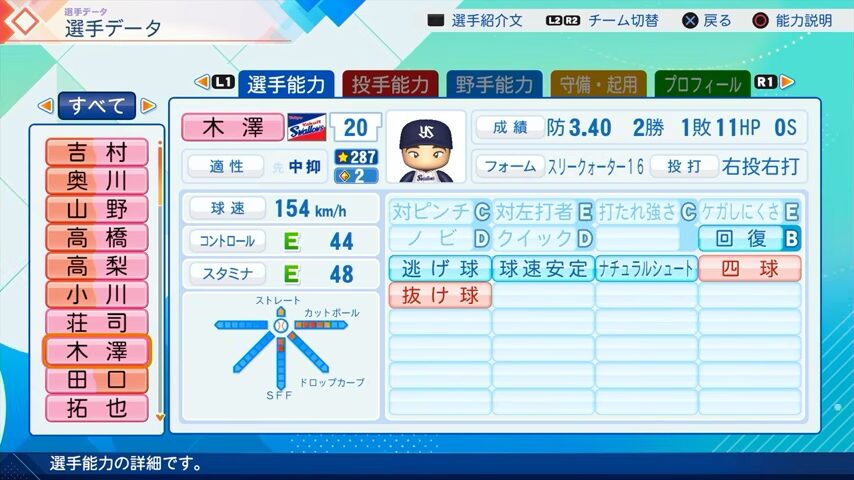 木澤のパワプロ能力データ（2026年開幕版）・ヤクルトスワローズ