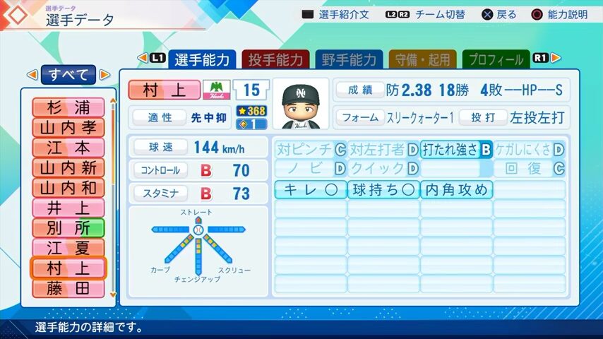 村上のパワプロ能力データ2026年版南海ホークスレジェンドOB