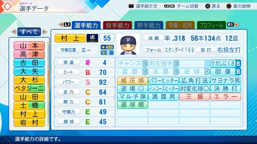 村上宗隆のパワプロ能力データ2026年版ヤクルトスワローズレジェンドOB