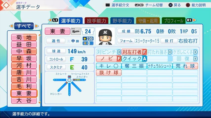 東妻のパワプロ能力データ（2026年開幕版）・千葉ロッテマリーンズ