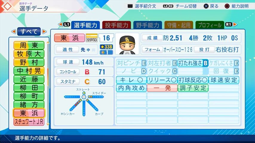 東浜のパワプロ能力データ（2026年開幕版）・ソフトバンクホークス