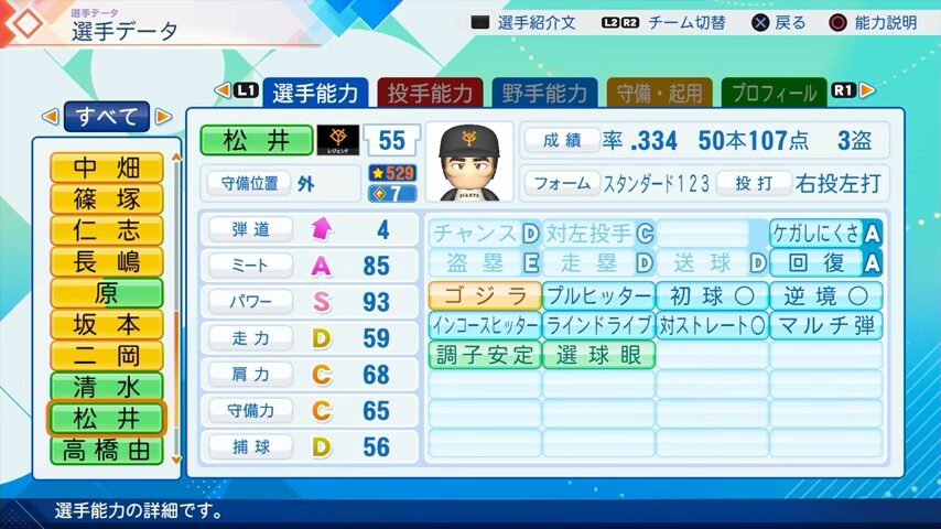 松井秀喜のパワプロ能力データ2026年版巨人レジェンドOB