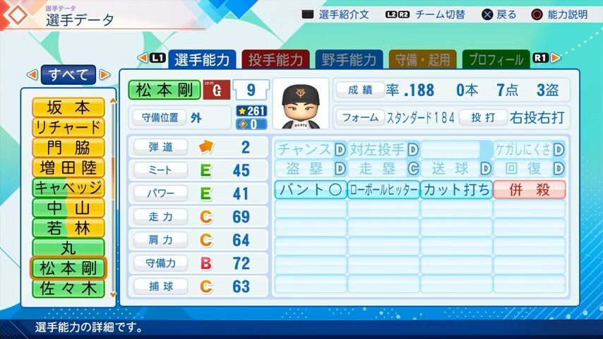 松本剛のパワプロ能力データ（2026年開幕版）・巨人