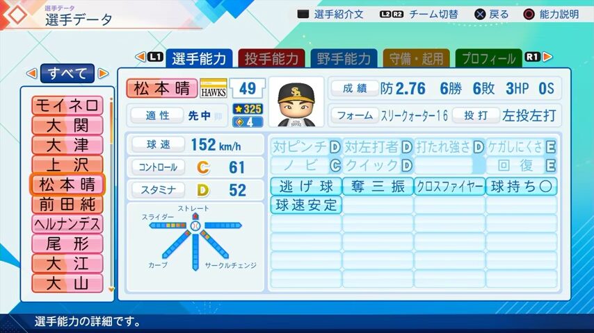 松本晴のパワプロ能力データ（2026年開幕版）・ソフトバンクホークス