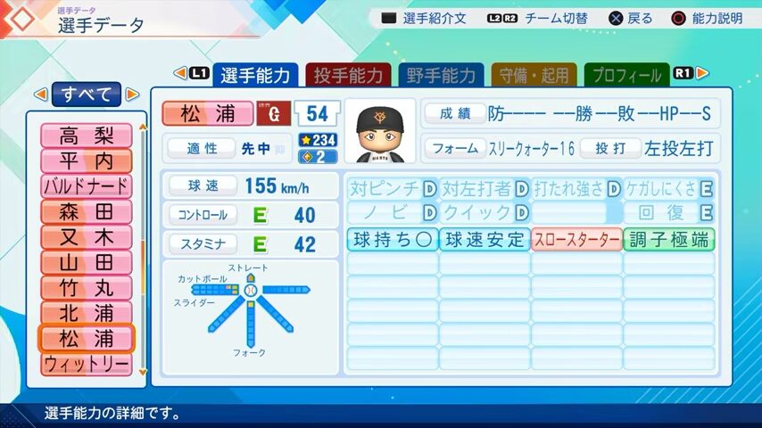 松浦のパワプロ能力データ（2026年開幕版）・巨人