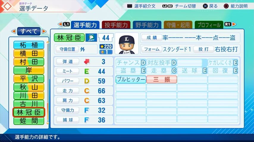 林冠臣のパワプロ能力データ（2026年開幕版）・西武ライオンズ