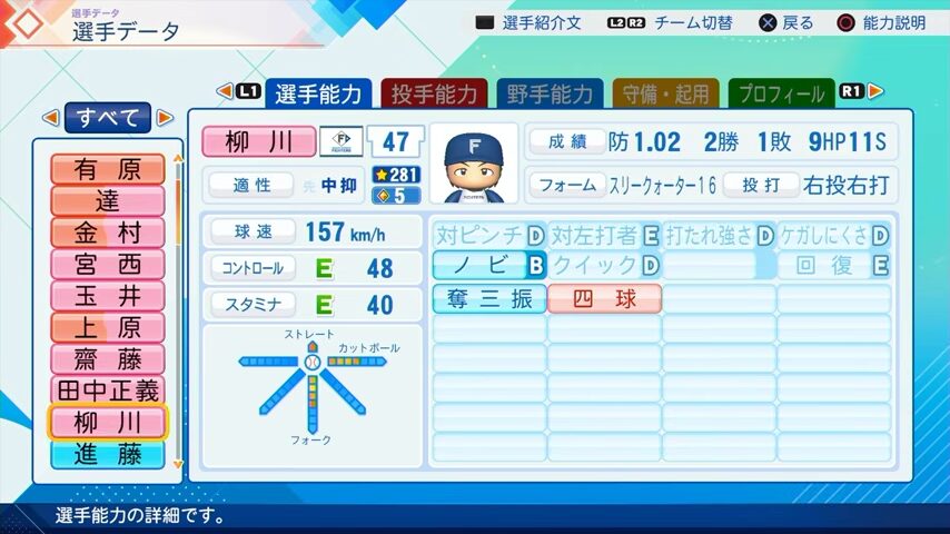 柳川のパワプロ能力データ（2026年開幕版）・日本ハムファイターズ