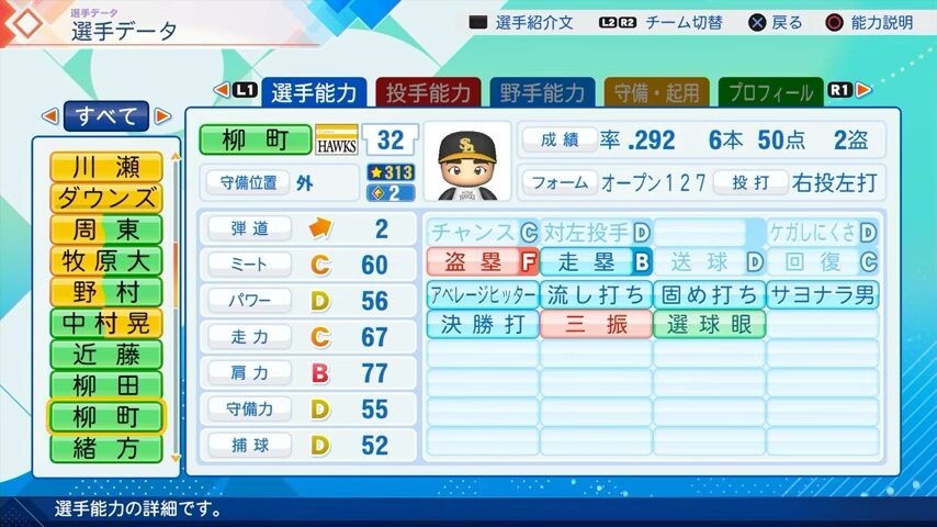 柳町のパワプロ能力データ（2026年開幕版）・ソフトバンクホークス