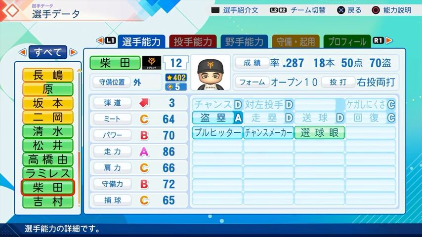 柴田のパワプロ能力データ2026年版巨人レジェンドOB