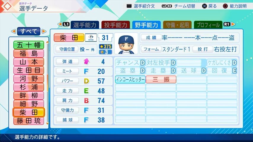 柴田（野手）のパワプロ能力データ（2026年開幕版）・日本ハムファイターズ
