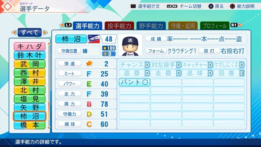 柿沼のパワプロ能力データ（2026年開幕版）・ヤクルトスワローズ