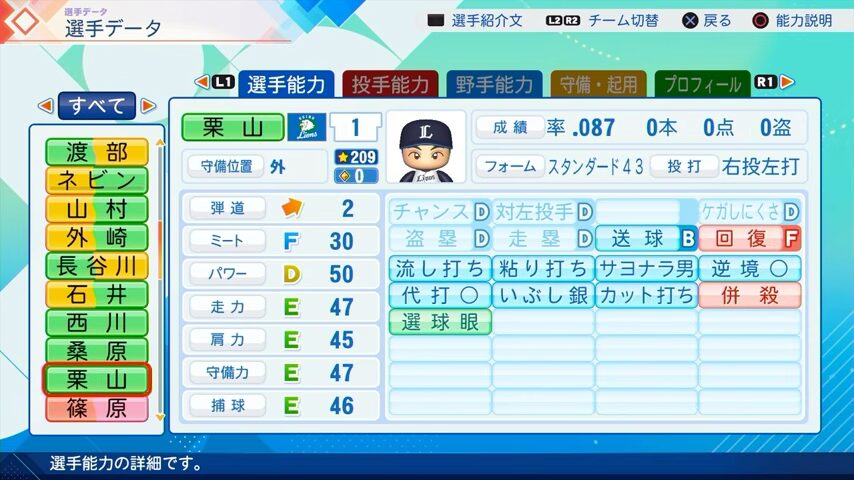 栗山のパワプロ能力データ（2026年開幕版）・西武ライオンズ