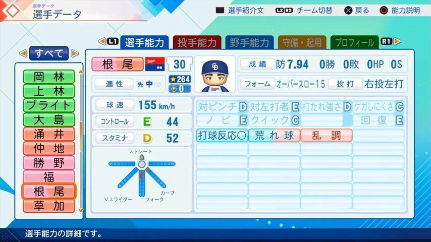 根尾（投手）のパワプロ能力データ（2026年開幕版）・中日ドラゴンズ