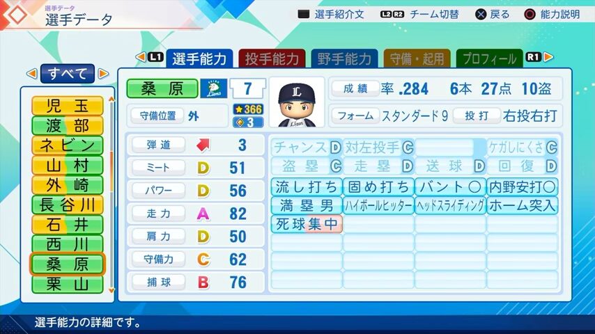 桑原のパワプロ能力データ（2026年開幕版）・西武ライオンズ