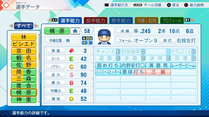 梶原のパワプロ能力データ（2026年開幕版）・横浜DeNAベイスターズ