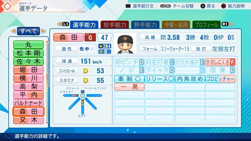 森田のパワプロ能力データ（2026年開幕版）・巨人
