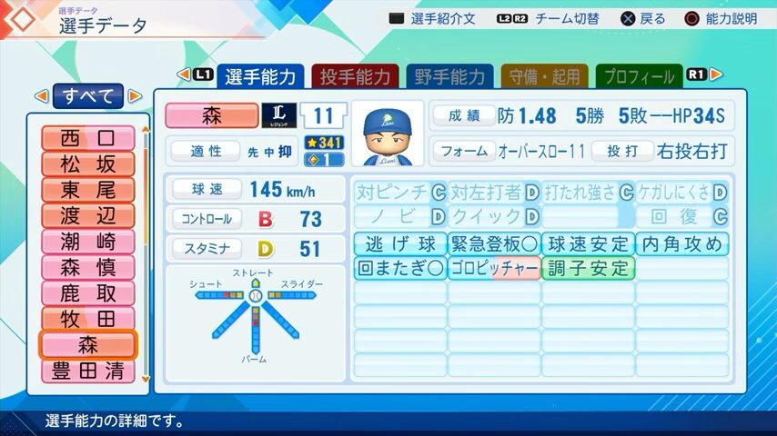 森繫和のパワプロ能力データ2026年版西武ライオンズレジェンドOB
