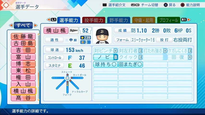 横山楓のパワプロ能力データ（2026年開幕版）・オリックスバファローズ