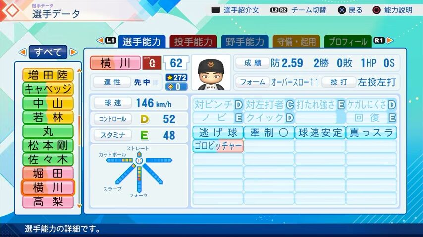 横川のパワプロ能力データ（2026年開幕版）・巨人