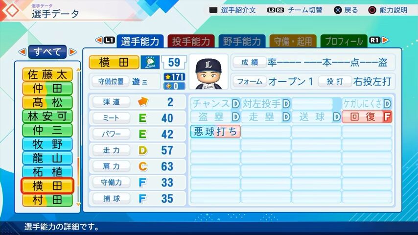 横田のパワプロ能力データ（2026年開幕版）・西武ライオンズ