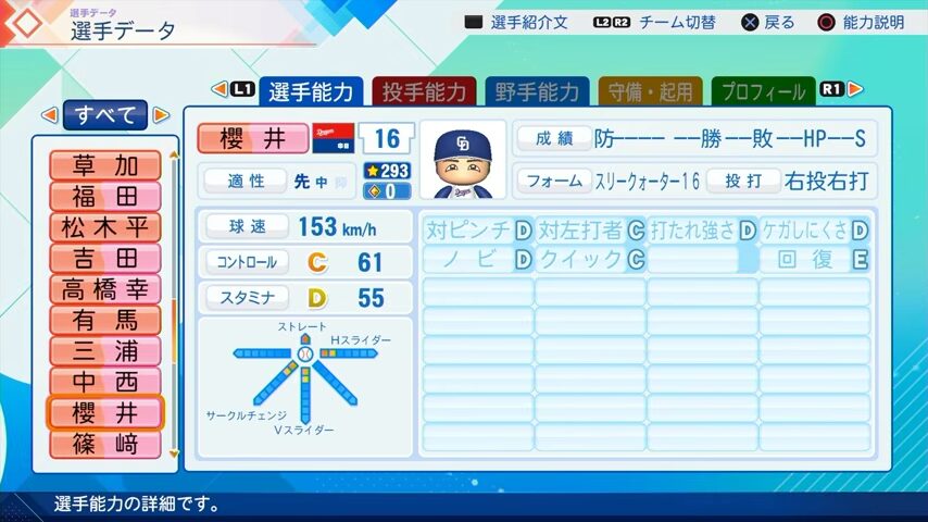 櫻井のパワプロ能力データ（2026年開幕版）・中日ドラゴンズ