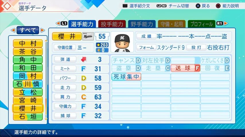 櫻井のパワプロ能力データ（2026年開幕版）・千葉ロッテマリーンズ