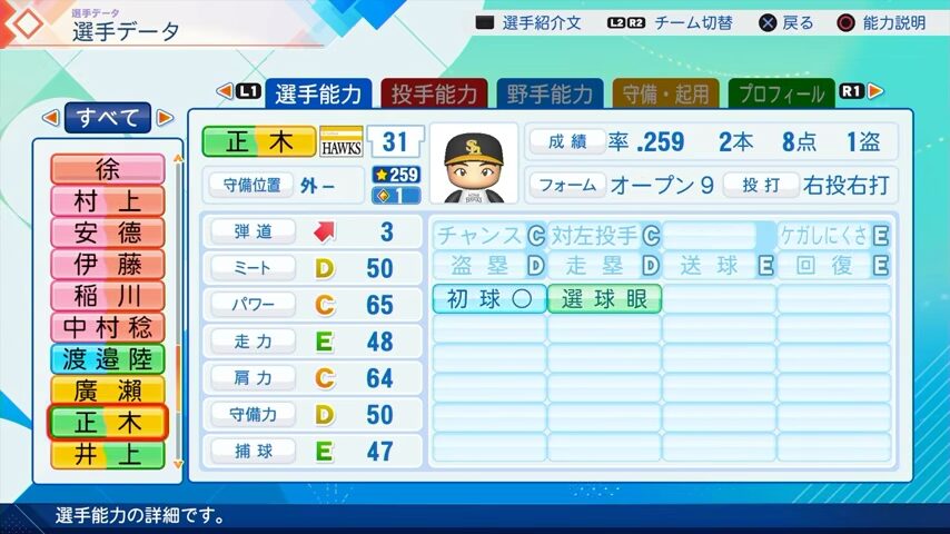 正木のパワプロ能力データ（2026年開幕版）・ソフトバンクホークス