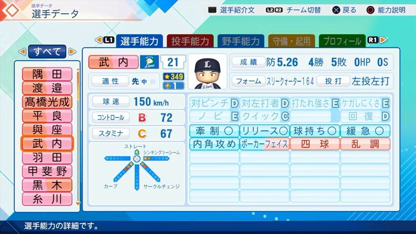 武内のパワプロ能力データ（2026年開幕版）・西武ライオンズ