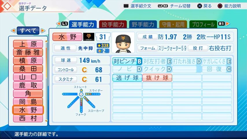 水野のパワプロ能力データ2026年版巨人レジェンドOB